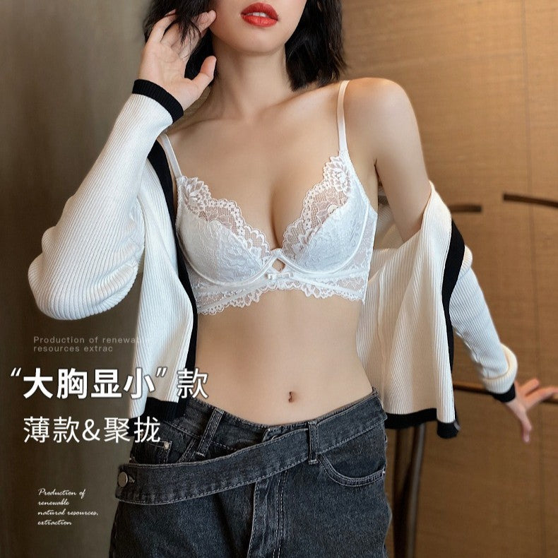 新款法式蕾丝软钢圈文胸套装大胸显小性感聚拢内衣薄款防下垂夏季